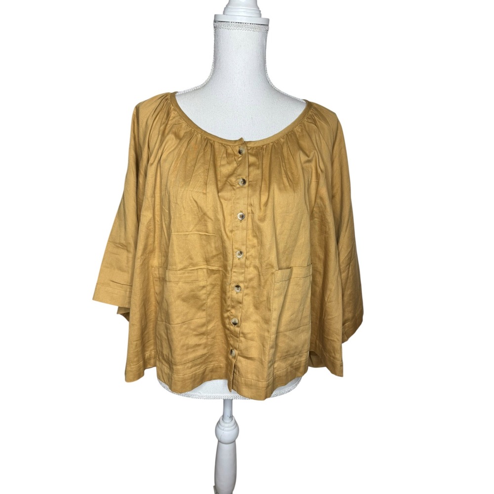 Kate Quinn Organic Cotton Button Front Pocket Blouse Mustard Yellow XL